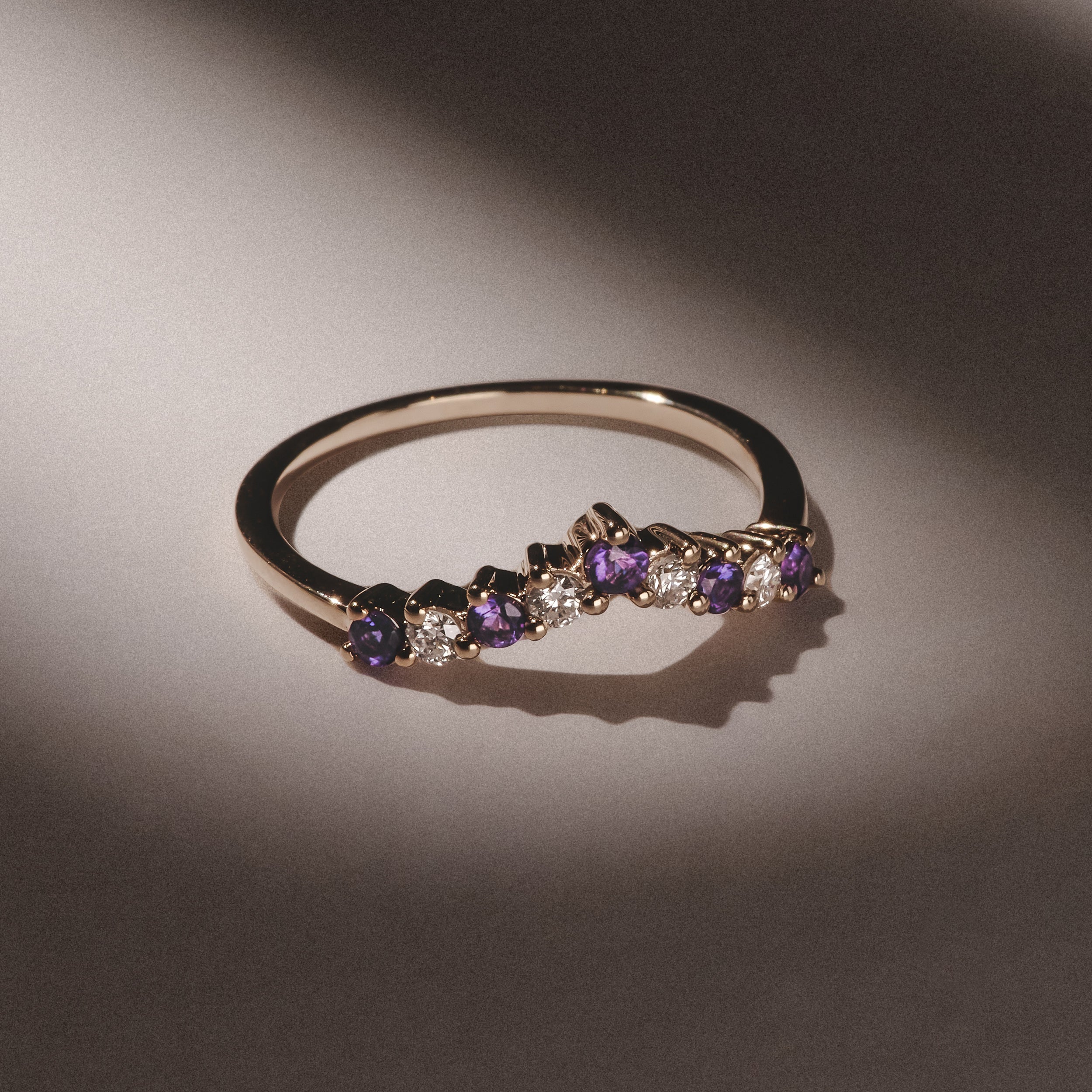 Amethyst and Lab Diamond Wishbone Ring in 9K Yellow Gold